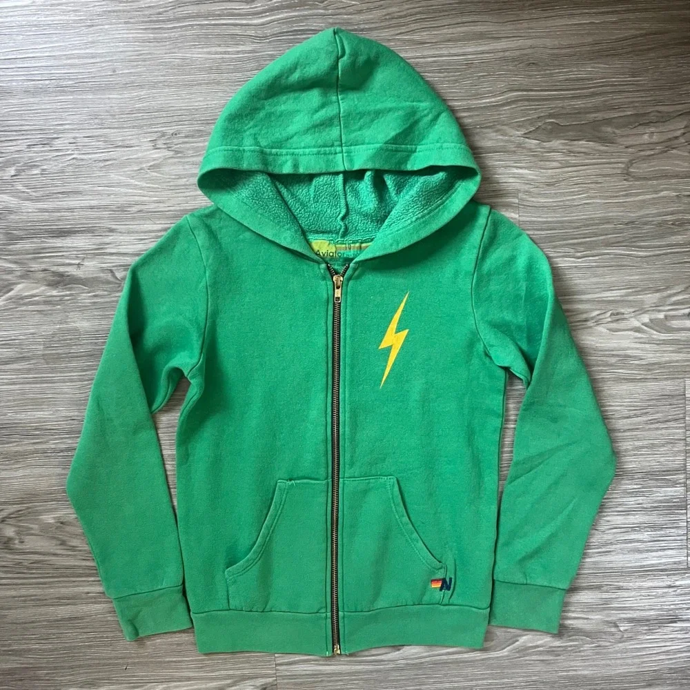 Aviator Nation Kids Green Lightning Bolt Zip Up Hoodie Sweatshirt Size 10